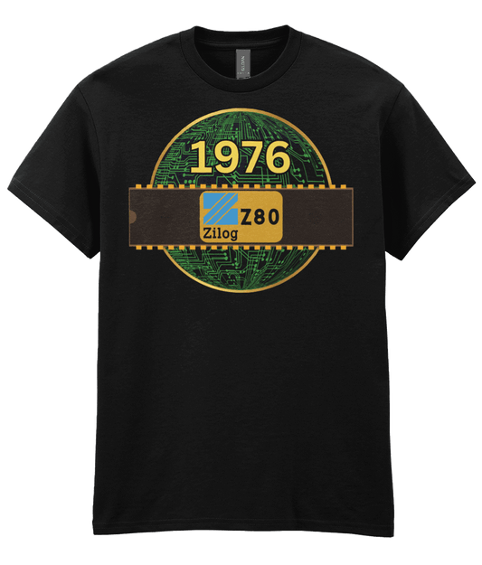 Black T-shirt with a gold circle with a basic representation of a circuit board in green and a 40 pin chip across the front with Zilog z80 and 1976 written on it.
