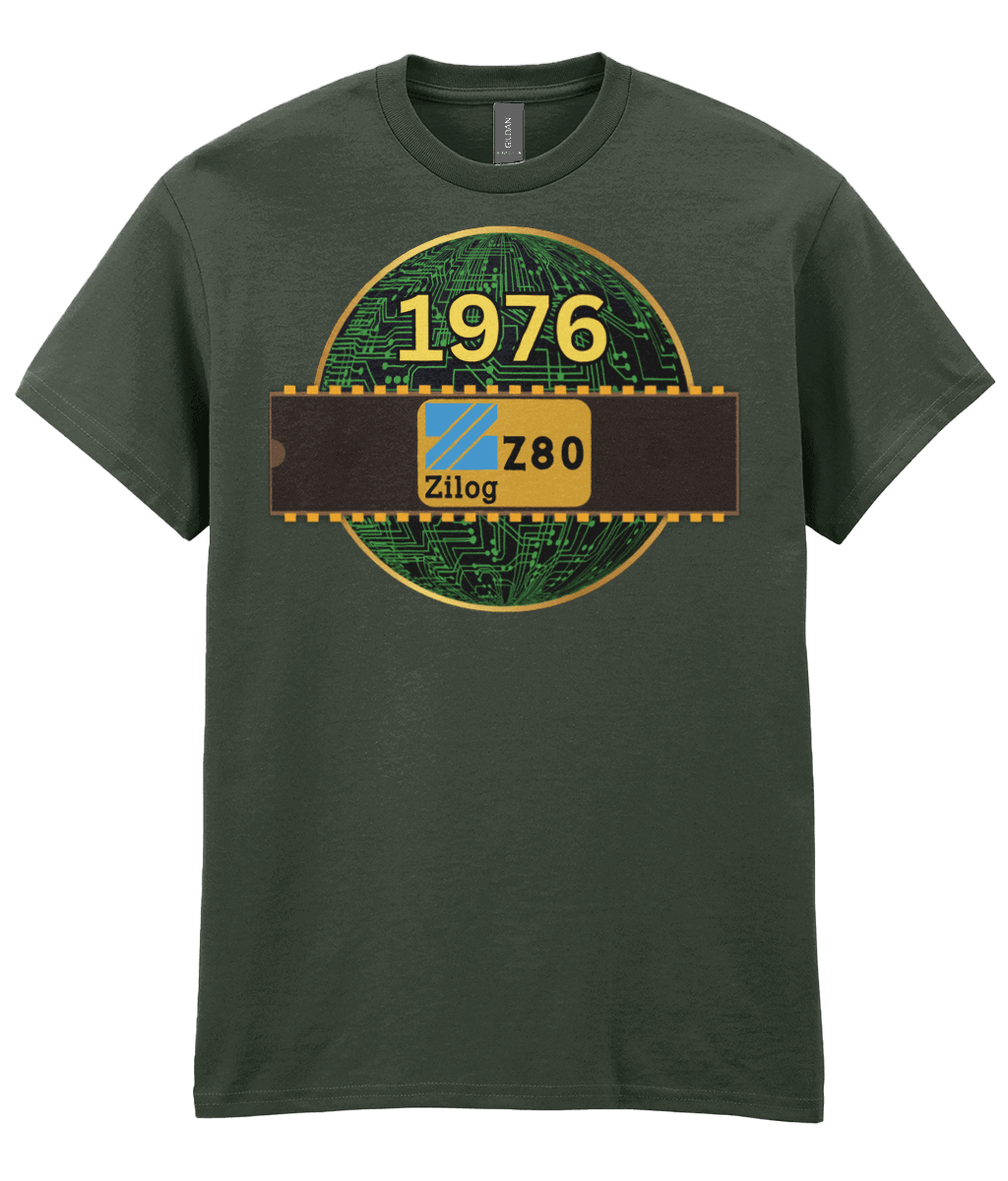 Green T-Shirt Black T-shirt with a gold circle with a basic representation of a circuit board in green and a 40 pin chip across the front with Zilog z80 and 1976 written on it.

