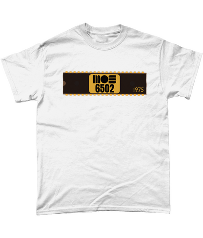 White T-shirt with a basic representation of a 40 pin chip across the front with MOS 6502 and 1975 written on it.