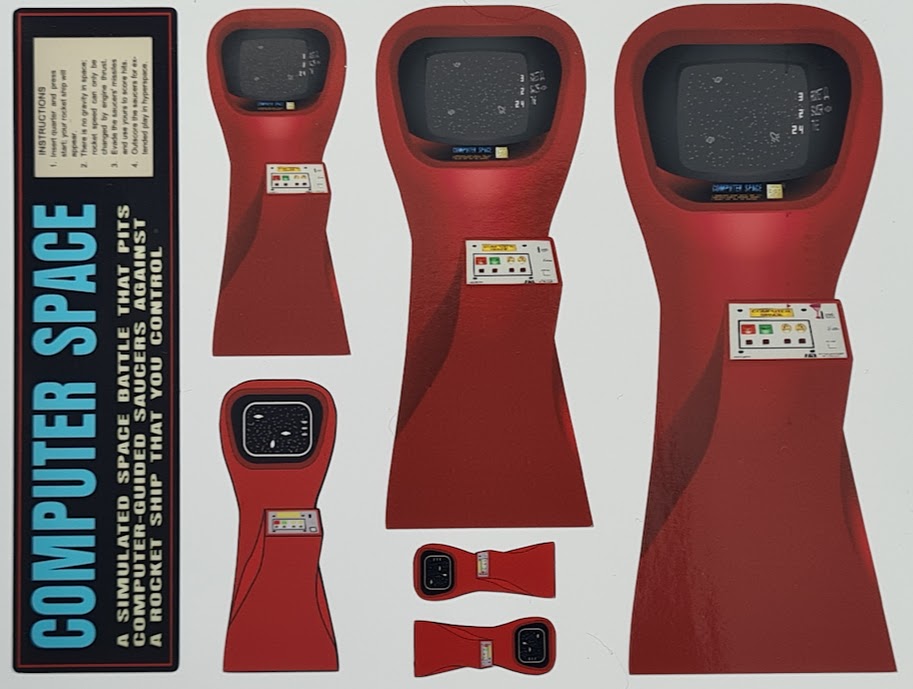 A compilation of  red Computer Space Arcade Machine stickers in various sizes 