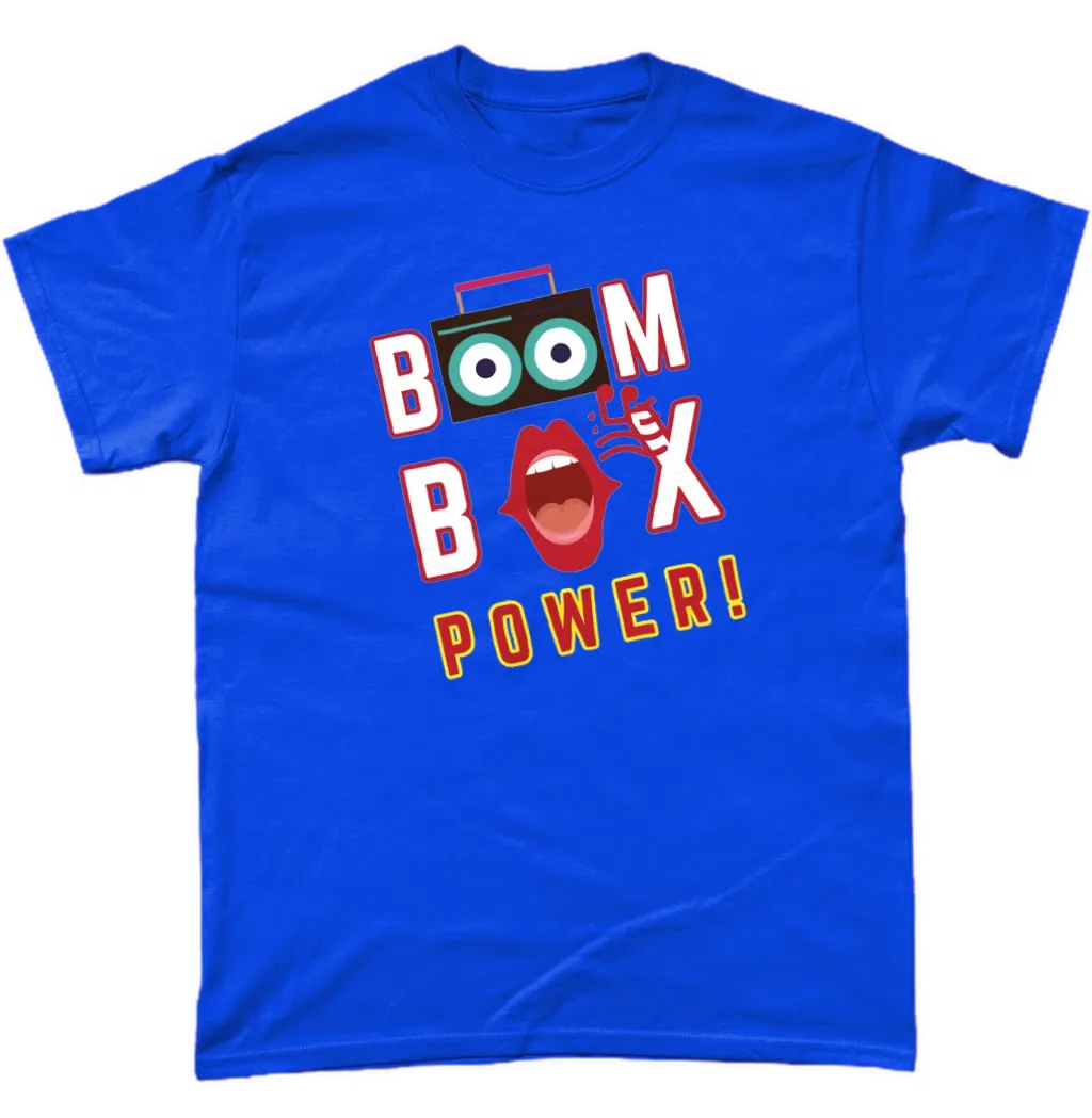 Royal Blue T-Shirt says BOOM BOX POWER! A boombox, the speakers make the Os in the word BOOM, a mouth indicating its singing as the O in BOX