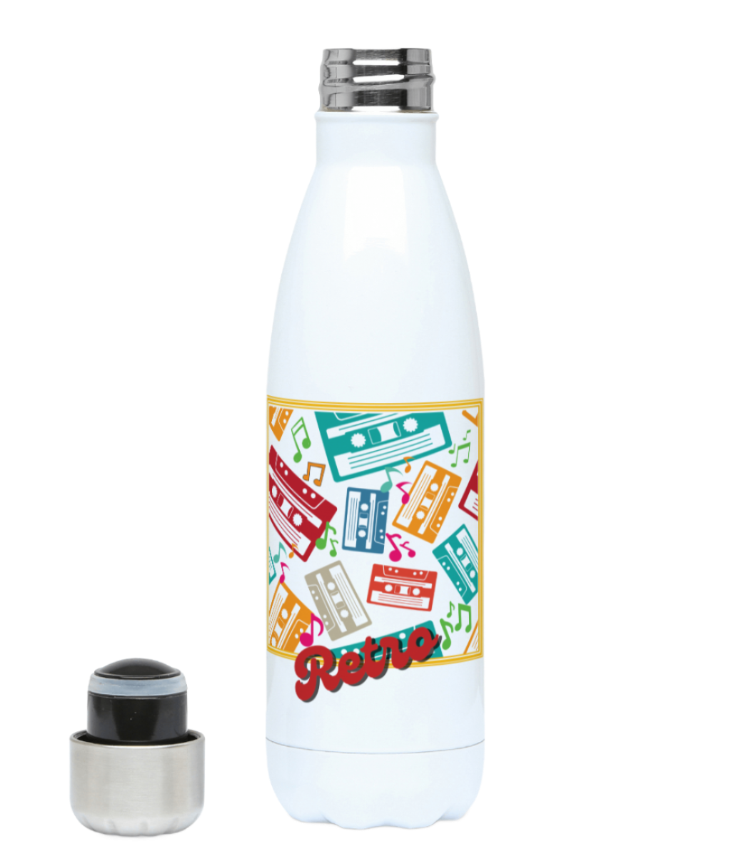 A white 500 militer metal bottle with a  goldish square frame with colourful music notes and cassette tapes spread out at different angles in different colours ,words retro in a retro style at bottom 