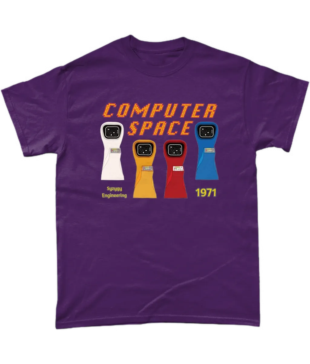 Purple T-shirt with computer space written and 4 Arcade machines in their iconic colours,white,yellow,red and blue
