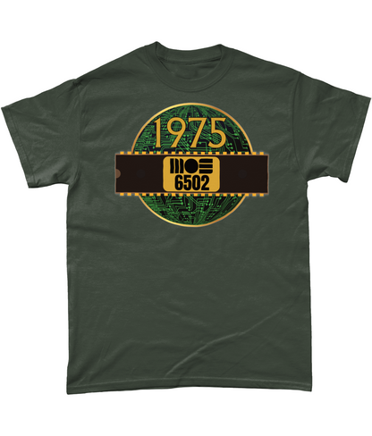 1975 MOS 6502 Cpu/Processor T-Shirt, Green T-Shirt Black T-shirt with a gold circle with a basic representation of a circuit board in green and a 40 pin chip across the front with MOS 6502 and 1975 written on it.