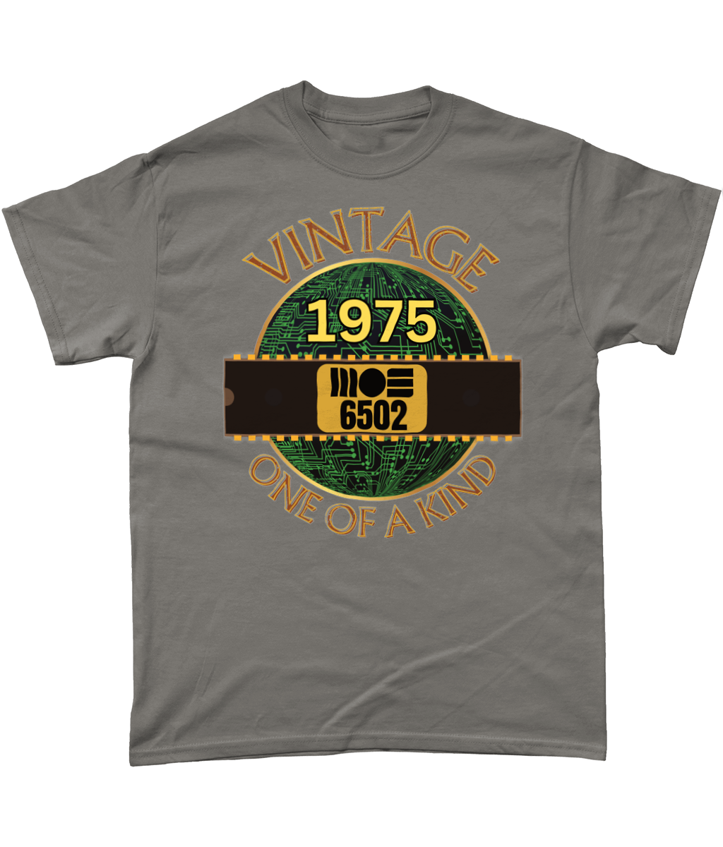 Charcoal T-shirtBlack with a gold circle with a basic representation of a circuit board in green and a 40 pin chip across the front with MOS 6502 and 1975 written on it. Vintage one of a kind around the circle