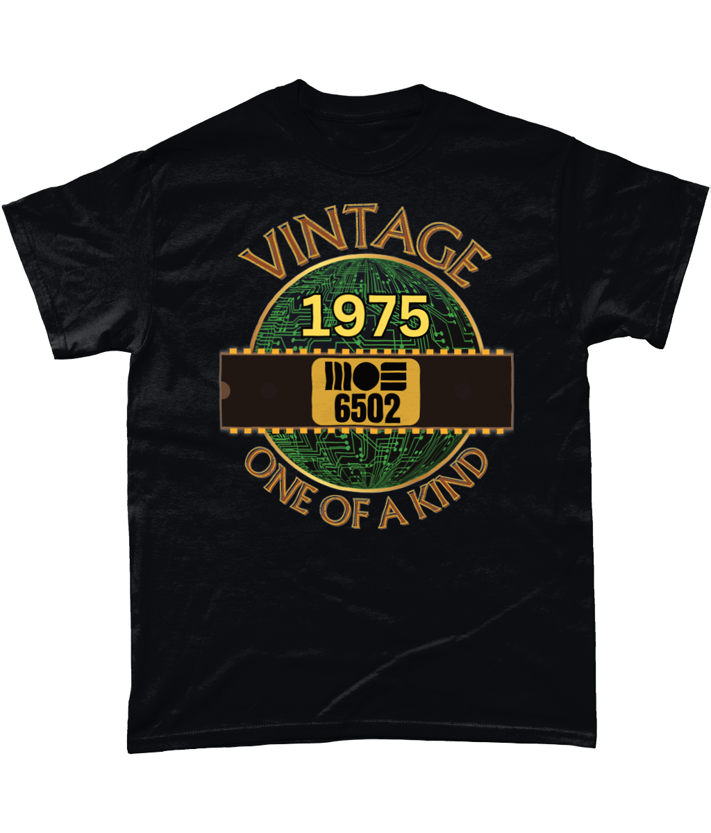 Black T-shirt with a gold circle with a basic representation of a circuit board in green and a 40 pin chip across the front with MOS 6502 and 1975 written on it. Vintage one of a kind around the circle