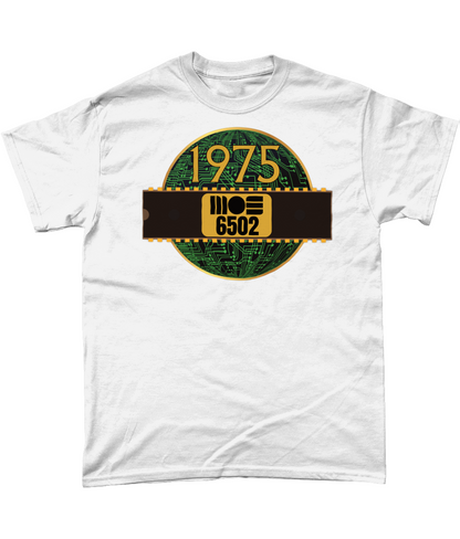 1975 MOS 6502 Cpu/Processor T-Shirt, White T-shirtBlack T-shirt with a gold circle with a basic representation of a circuit board in green and a 40 pin chip across the front with MOS 6502 and 1975 written on it.