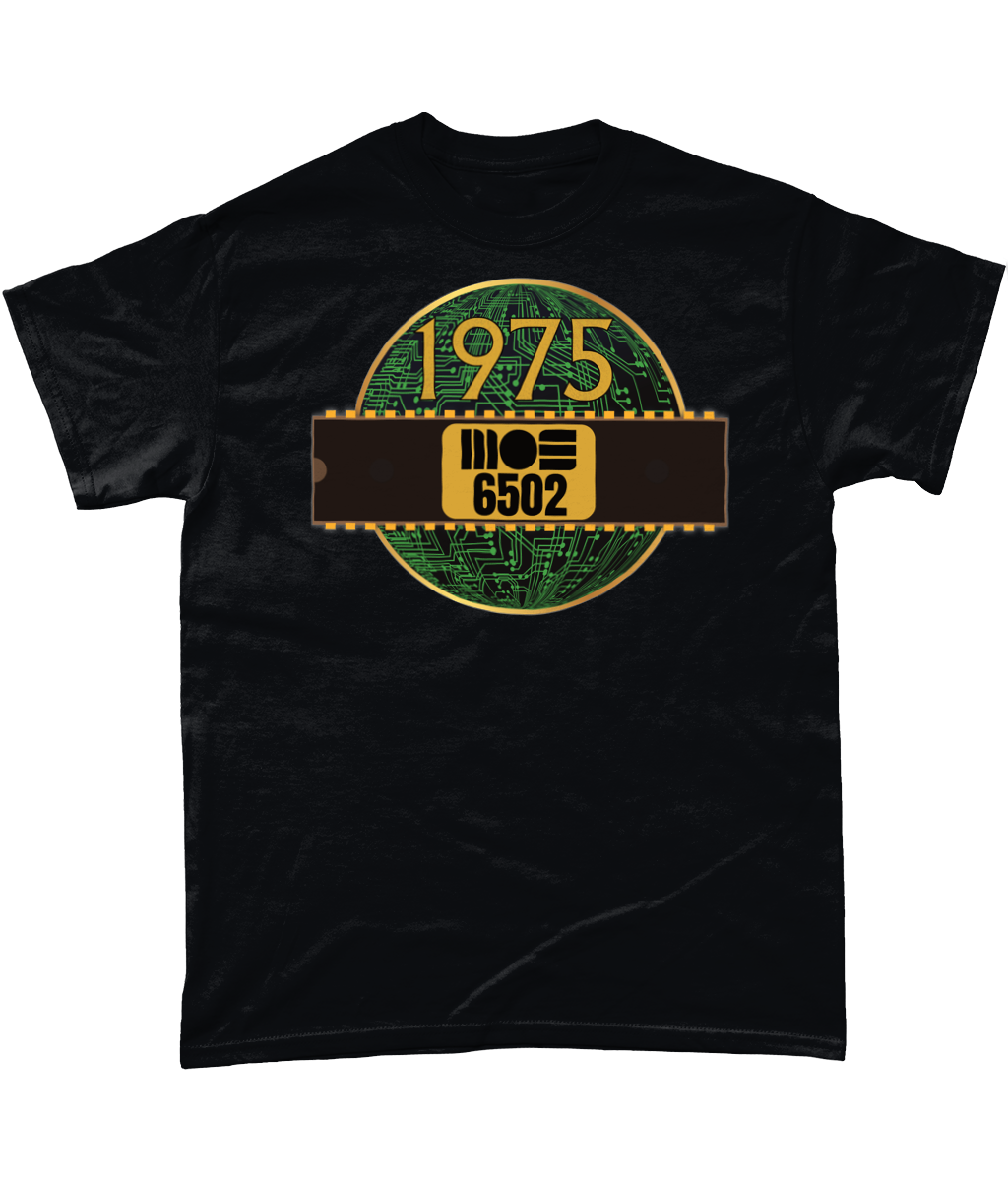 1975 MOS 6502 Cpu/Processor T-Shirt, Black T-shirt with a gold circle with a basic representation of a circuit board in green and a 40 pin chip across the front with MOS 6502 and 1975 written on it.