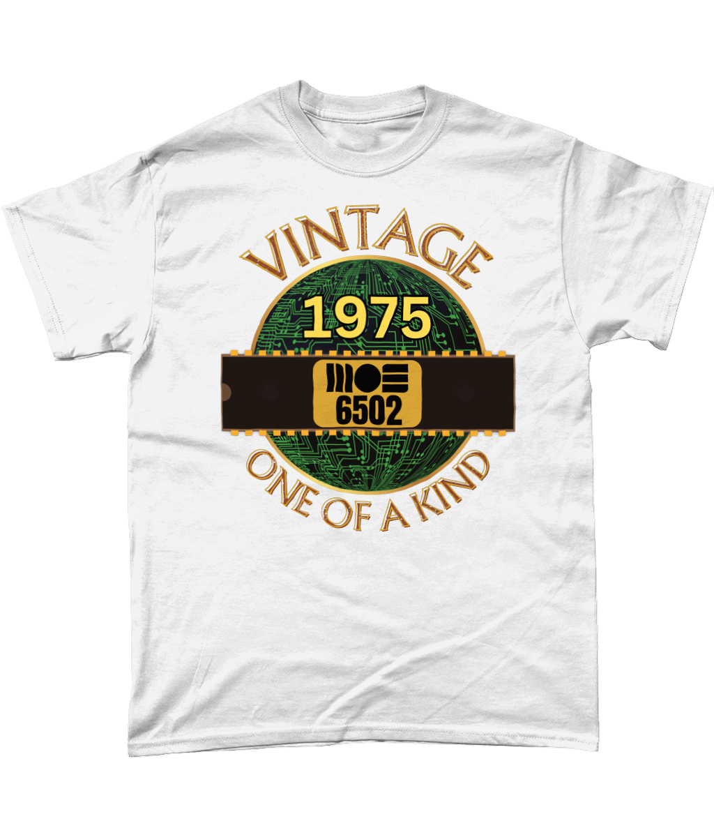 White T-shirt with a gold circle with a basic representation of a circuit board in green and a 40 pin chip across the front with MOS 6502 and 1975 written on it. Vintage one of a kind around the circle