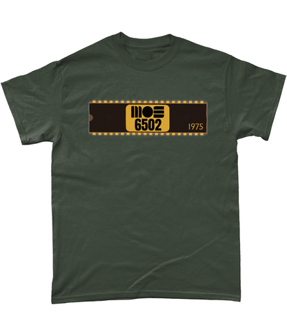 Green T-Shirt with a basic representation of a 40 pin chip across the front with MOS 6502 and 1975 written on it.