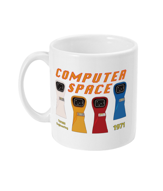 White mug with computer space written and 4 Arcade machines in their iconic colours,white,yellow,red and blue