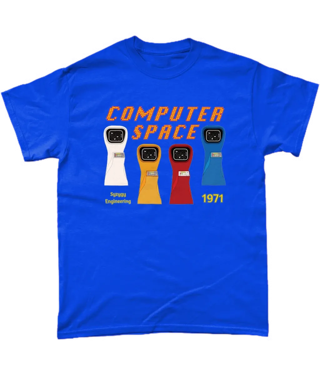 Royal blue T-shirt with computer space written and 4 Arcade machines in their iconic colours,white,yellow,red and blue