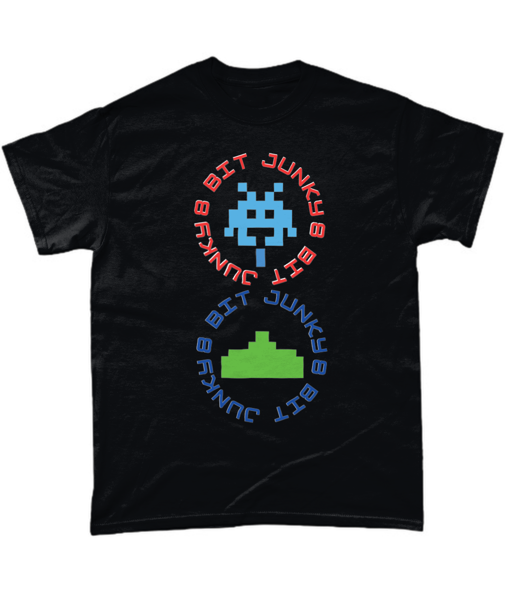 Black T-Shirt with words 8-bit junky in 2 circles making a figure 8 with an invader in one circle and earth ship in the other