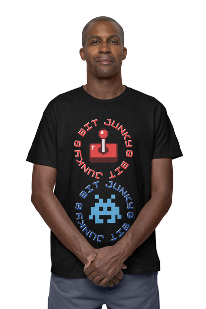 A man wearing a black T-Shirt with words 8-bit junky in 2 circles making a figure 8 with an invader in one circle and joystick in the other