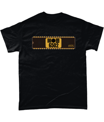 Black T-shirt with a basic representation of a 40 pin chip across the front with MOS 6502 and 1975 written on it.