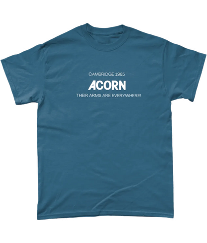 Indigo t shirt saying Cambridge 1985 ACORN  Their ARMS are Everywhere!