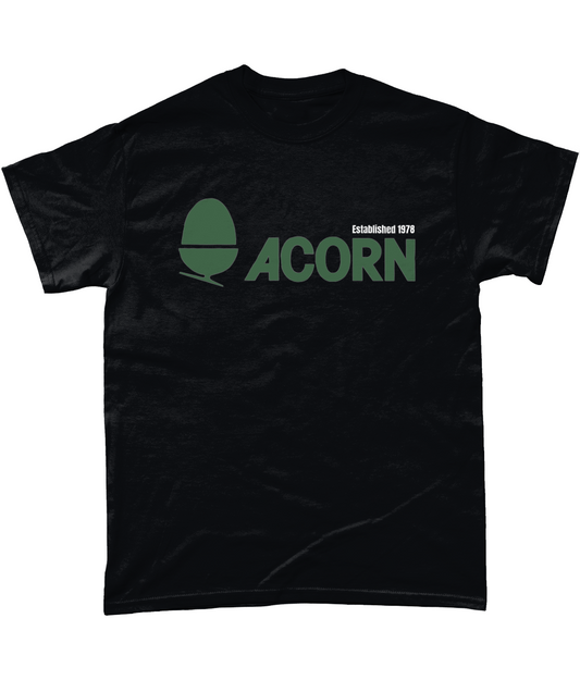 Black T-shirt with acorn computer logo in green and established 1978 in white 