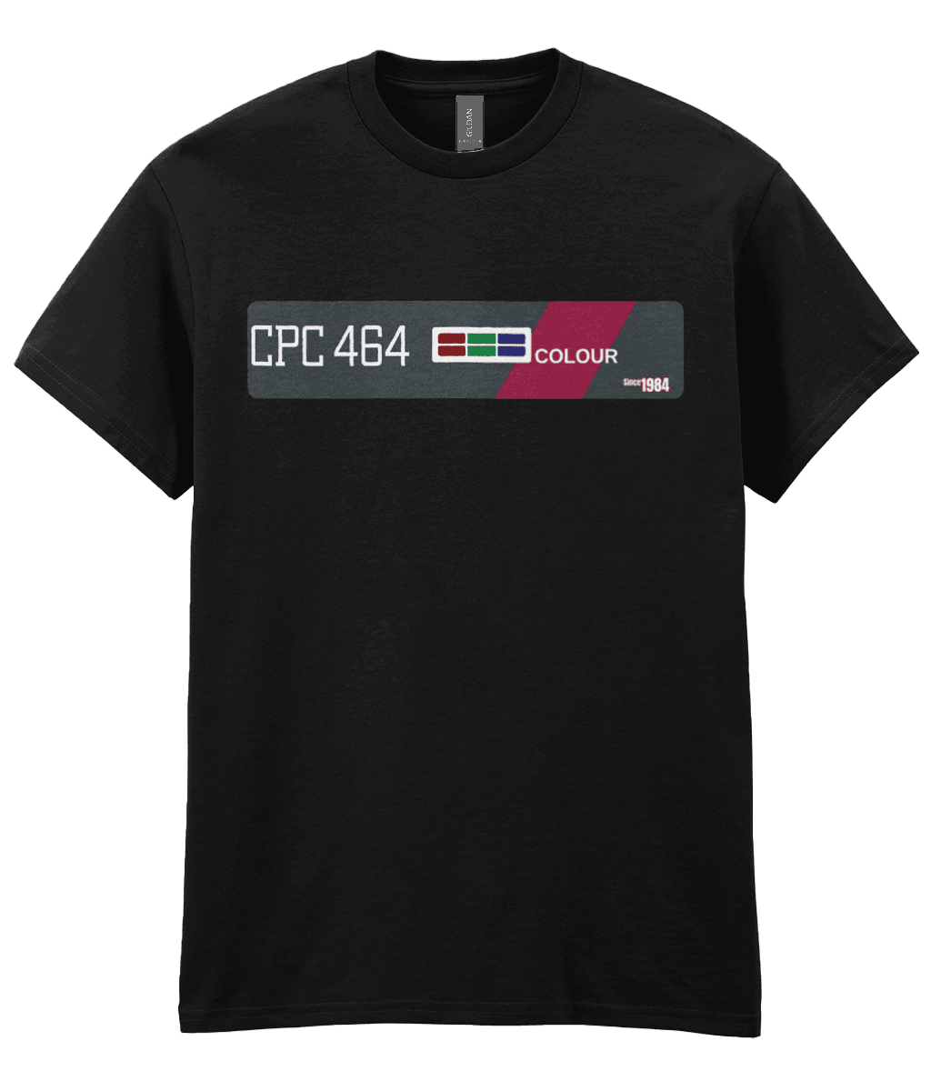 Black T-Shirt  echoing the original Amstrad CPC 464 computer bezel. Features ‘CPC 464’ in bold white text on the left, an RGB color bar, and the word ‘COLOUR’, diagonally across a maroon stripe—mirroring the machine’s iconic styling. A small label on the right reads ‘Since 1984’, celebrating the computer’s launch year and legacy
