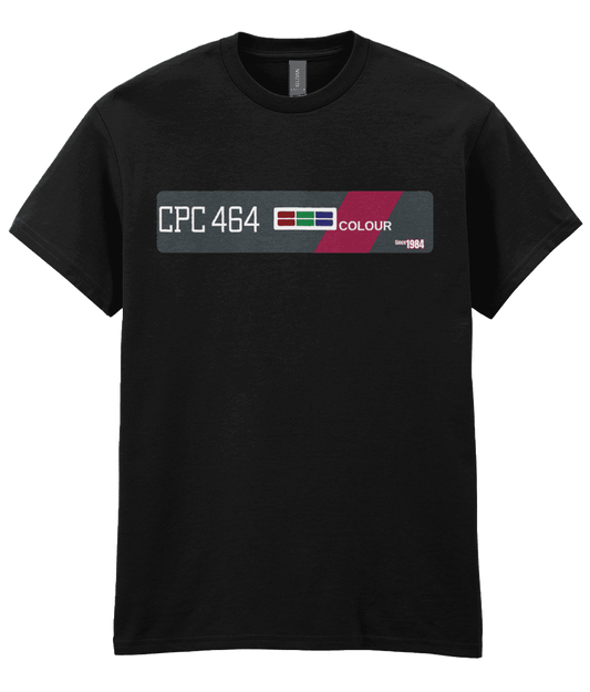 Black T-Shirt  echoing the original Amstrad CPC 464 computer bezel. Features ‘CPC 464’ in bold white text on the left, an RGB color bar, and the word ‘COLOUR’, diagonally across a maroon stripe—mirroring the machine’s iconic styling. A small label on the right reads ‘Since 1984’, celebrating the computer’s launch year and legacy
