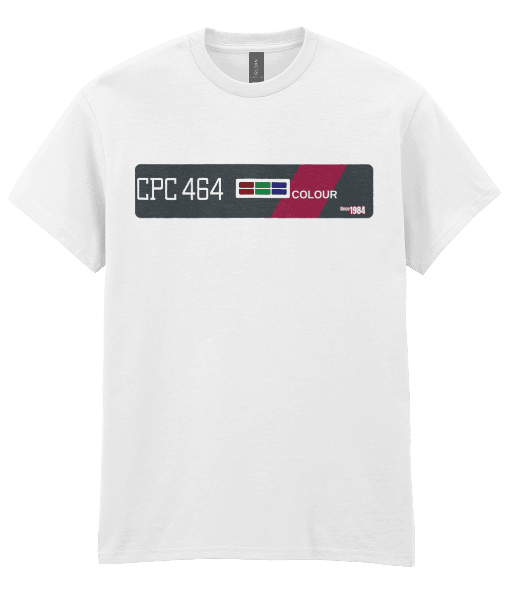 White  T-Shirt  echoing the original Amstrad CPC 464 computer bezel. Features ‘CPC 464’ in bold white text on the left, an RGB color bar, and the word ‘COLOUR’, diagonally across a maroon stripe—mirroring the machine’s iconic styling. A small label on the right reads ‘Since 1984’, celebrating the computer’s launch year and legacy
