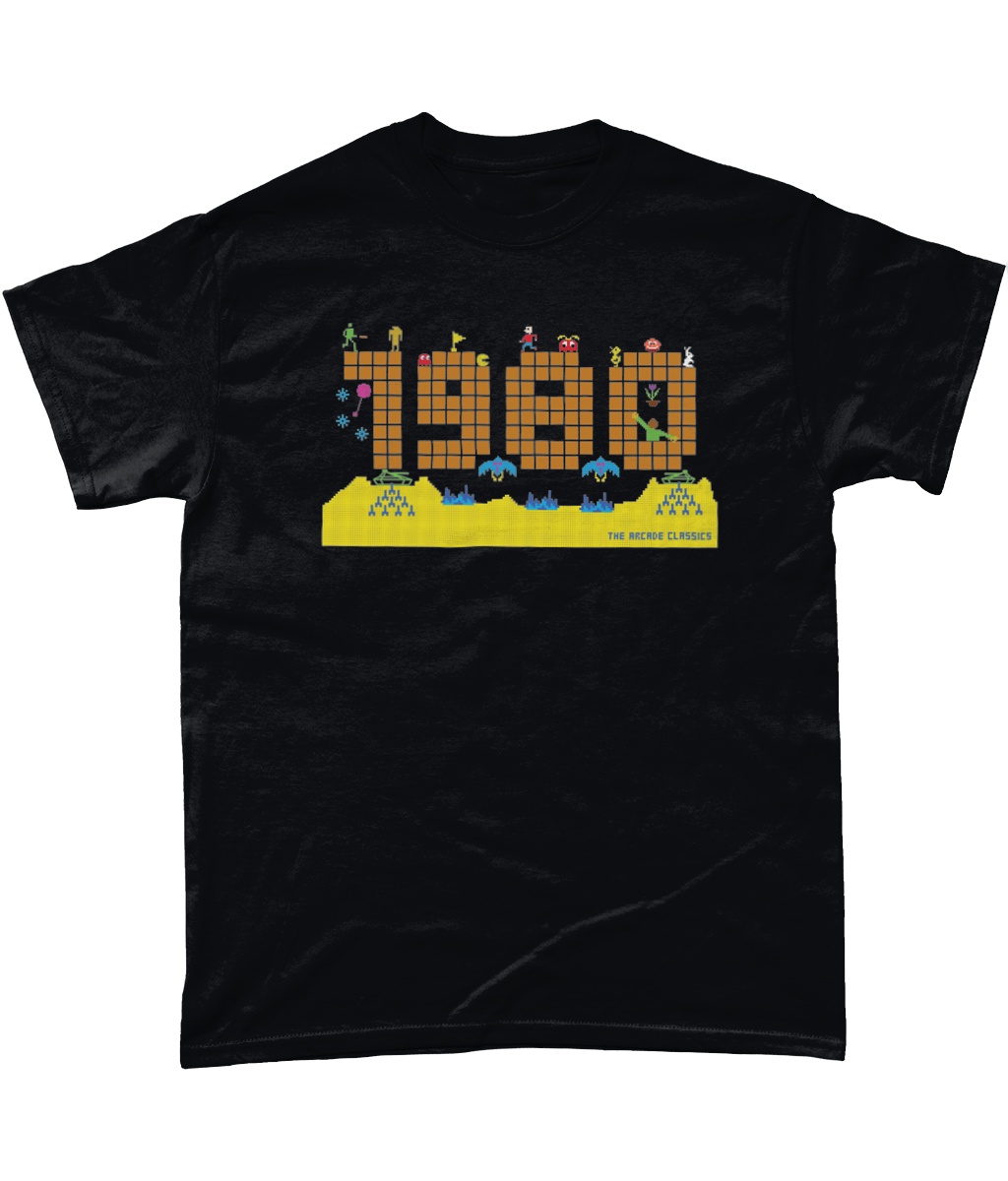 Black t shirt with a large 1980 in pixels in orange brown with some notable arcade video gaming sprites from 1980 around it