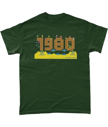 Forest t shirt with a large 1980 in pixels in orange brown with some notable arcade video gaming sprites from 1980 around it