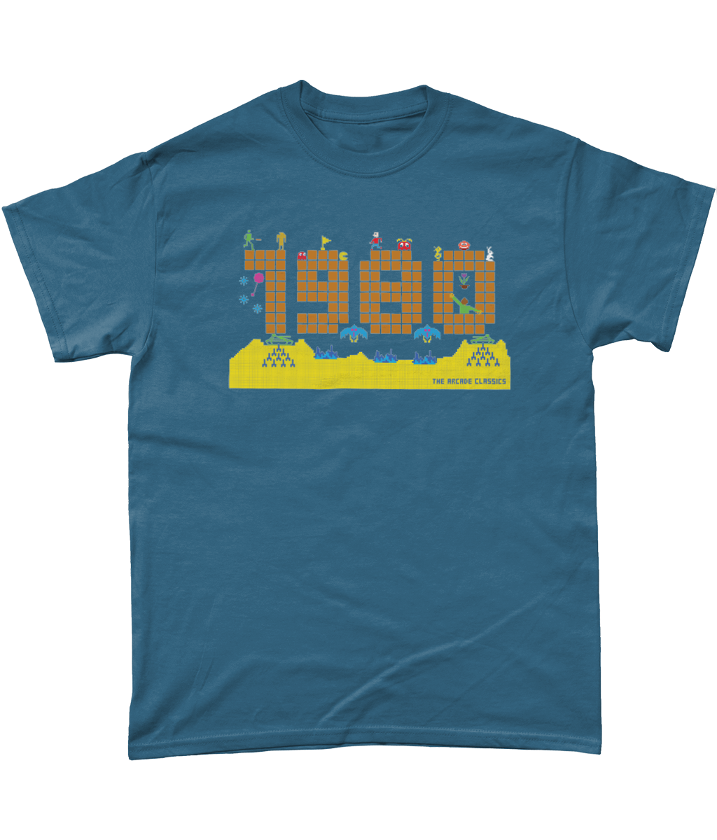 Indigo t shirt with a large 1980 in pixels in orange brown with some notable arcade video gaming sprites from 1980 around it