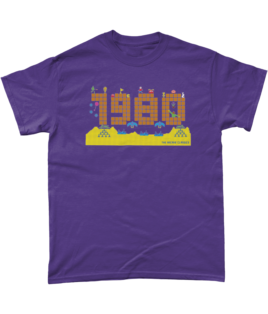 Lilac t shirt with a large 1980 in pixels in orange brown with some notable arcade video gaming sprites from 1980 around it