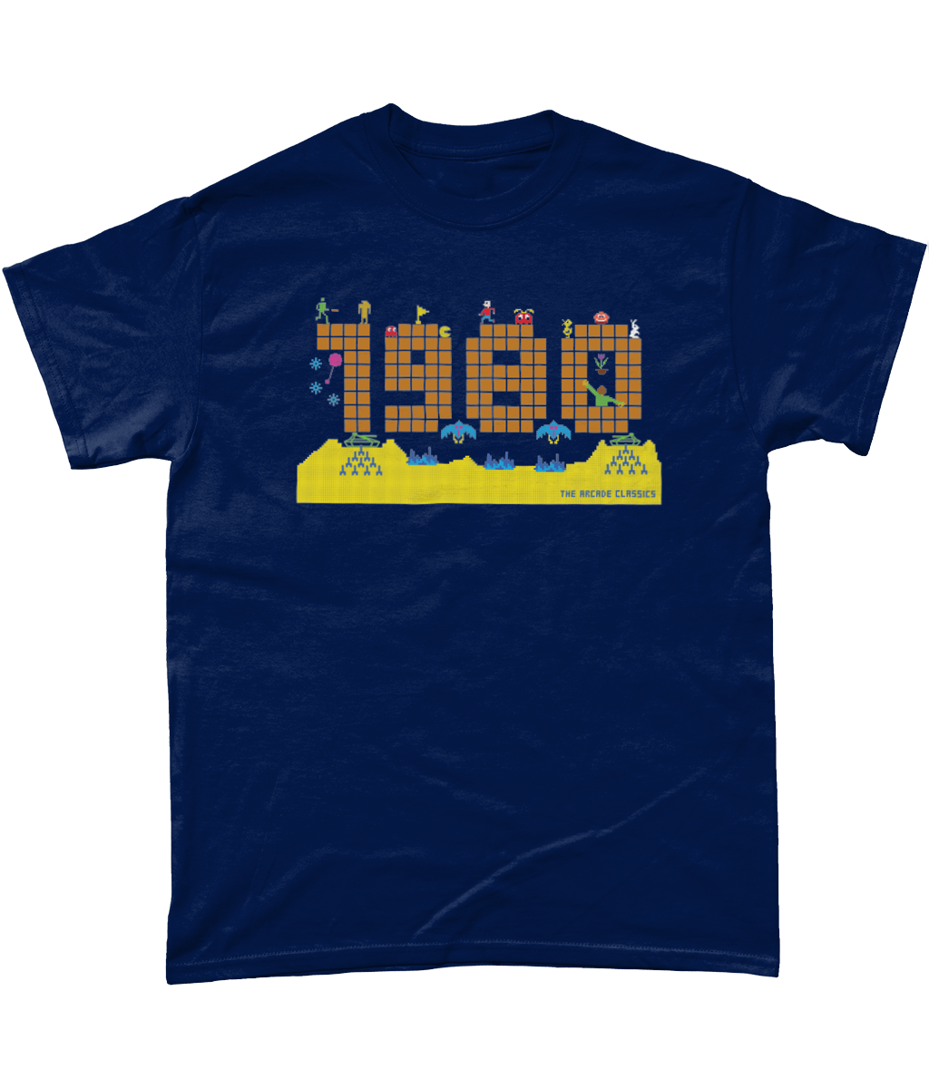 Navy  t shirt with a large 1980 in pixels in orange brown with some notable arcade video gaming sprites from 1980 around it