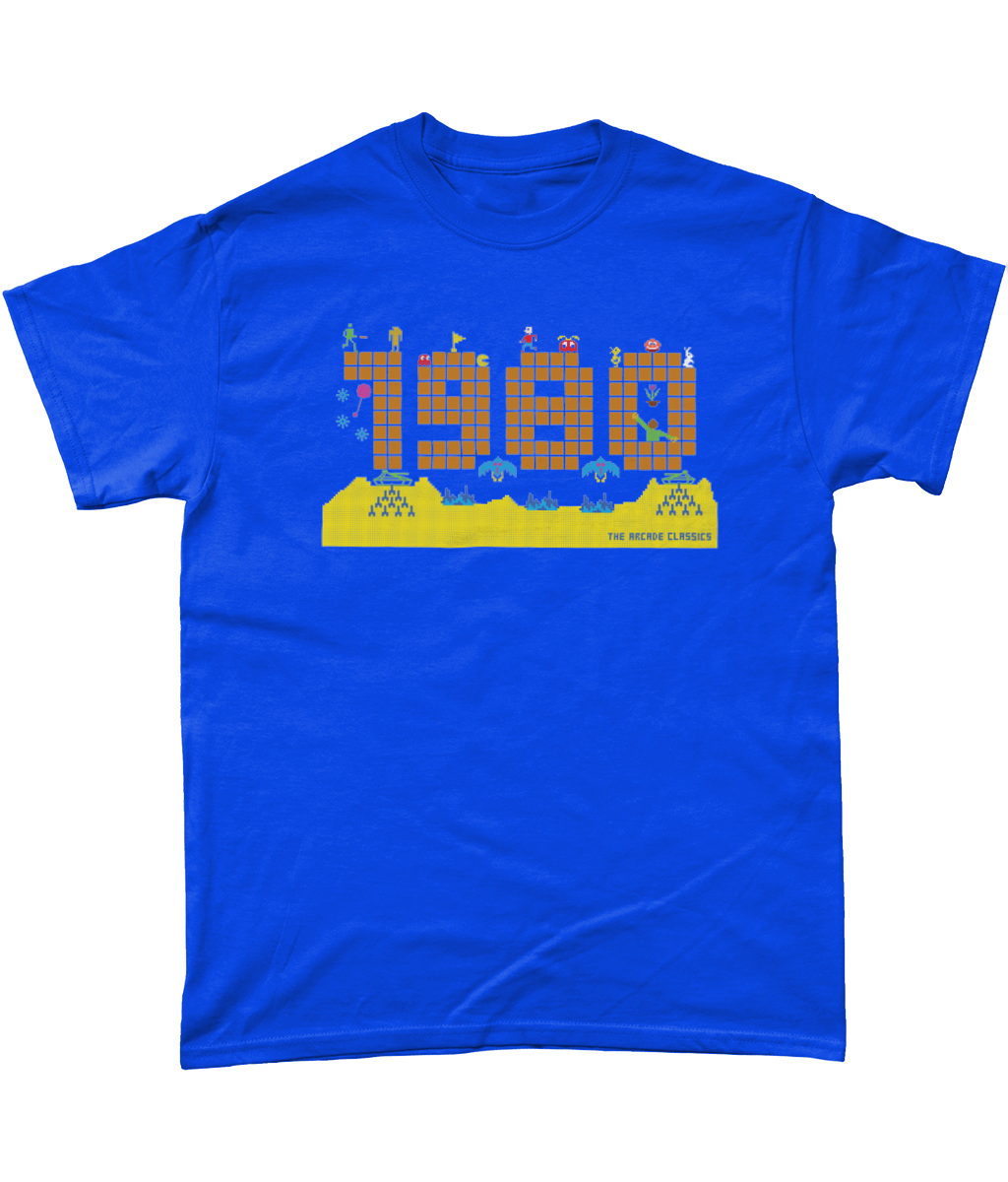 Royal t shirt with a large 1980 in pixels in orange brown with some notable arcade video gaming sprites from 1980 around it