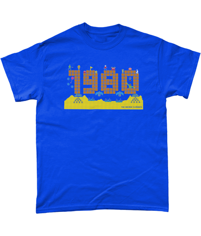 Royal t shirt with a large 1980 in pixels in orange brown with some notable arcade video gaming sprites from 1980 around it