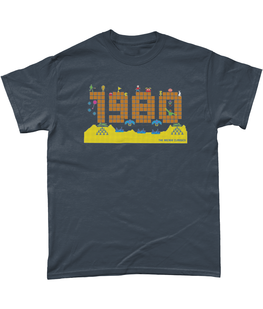 Tweed t shirt with a large 1980 in pixels in orange brown with some notable arcade video gaming sprites from 1980 around it