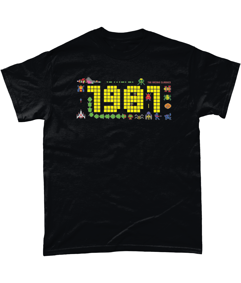 Black t shirt with a large 1981 in pixels in yellow with some notable arcade video gaming sprites from 1981 around it