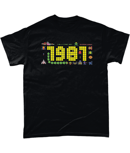 Black t shirt with a large 1981 in pixels in yellow with some notable arcade video gaming sprites from 1981 around it