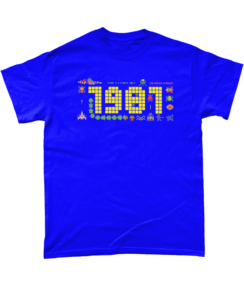 Cobalt t shirt with a large 1981 in pixels in yellow with some notable arcade video gaming sprites from 1981 around it