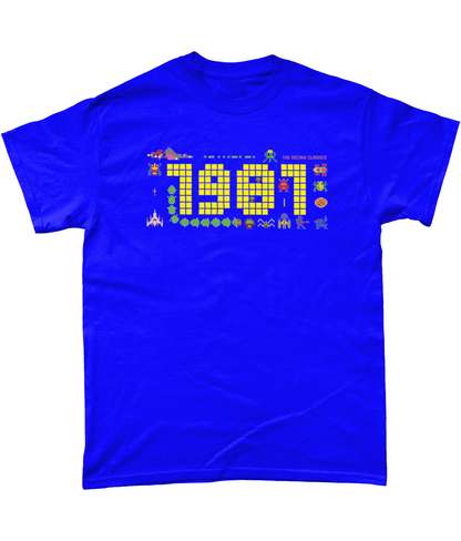 Cobalt t shirt with a large 1981 in pixels in yellow with some notable arcade video gaming sprites from 1981 around it