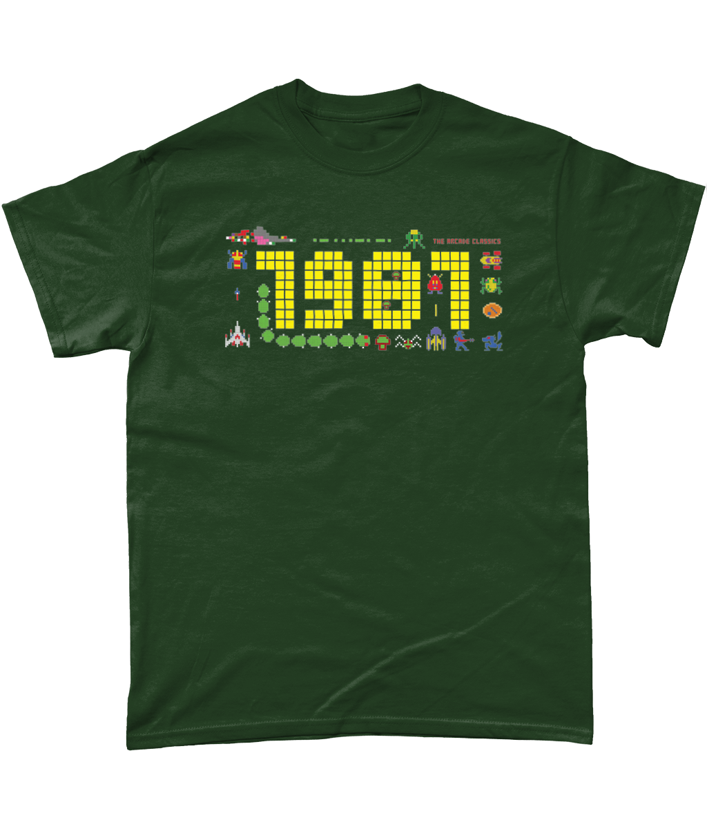 Forest  t shirt with a large 1981 in pixels in yellow with some notable arcade video gaming sprites from 1981 around it