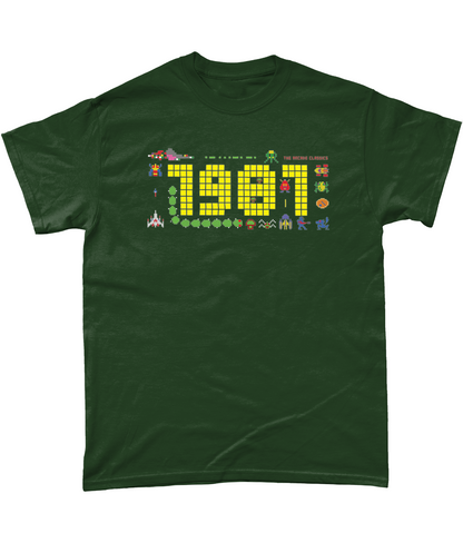 Forest  t shirt with a large 1981 in pixels in yellow with some notable arcade video gaming sprites from 1981 around it