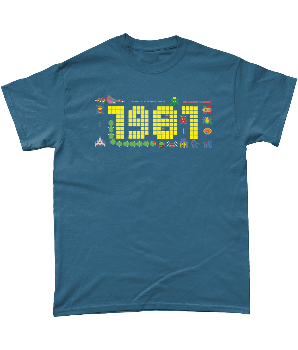 Indigo  t shirt with a large 1981 in pixels in yellow with some notable arcade video gaming sprites from 1981 around it