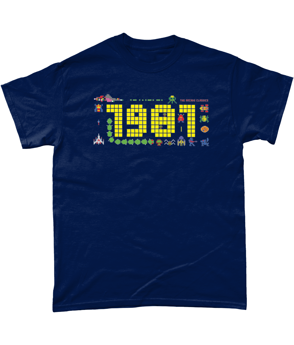 Navy t shirt with a large 1981 in pixels in yellow with some notable arcade video gaming sprites from 1981 around it