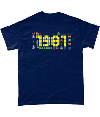 Navy t shirt with a large 1981 in pixels in yellow with some notable arcade video gaming sprites from 1981 around it