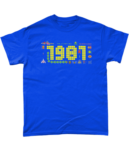 Royal Blue  t shirt with a large 1981 in pixels in yellow with some notable arcade video gaming sprites from 1981 around it