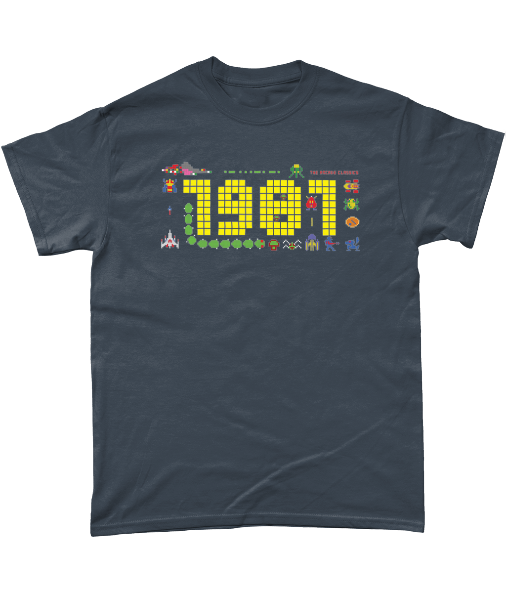 Tweed  t shirt with a large 1981 in pixels in yellow with some notable arcade video gaming sprites from 1981 around it