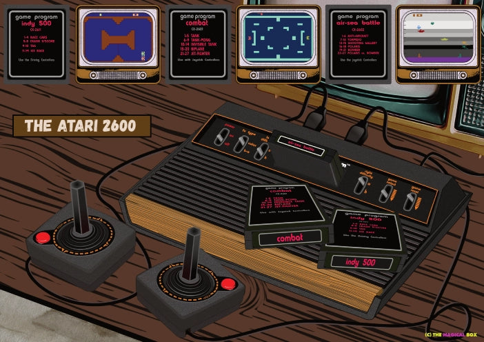 Illustration of the Atari 2600 console with joysticks, game cartridges, and screenshots of the classic titles Combat, Indy 500 and Air Sea Battle carts.
