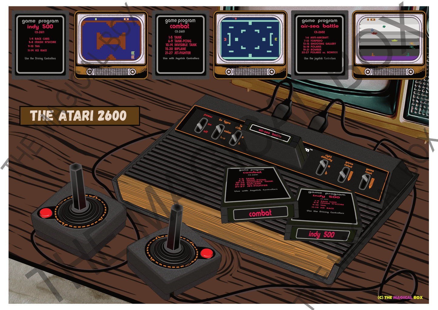 Illustration of the Atari 2600 console with joysticks, game cartridges, and screenshots of the classic titles Combat, Indy 500 and Air Sea Battle carts.
