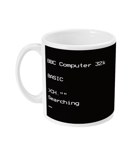 White Mug featuring white BBC Micro boot-up screen text with the BASIC prompt,the CHAIN  command shortened to CH.””, and blinking cursor; nostalgic design for vintage computing fans.
