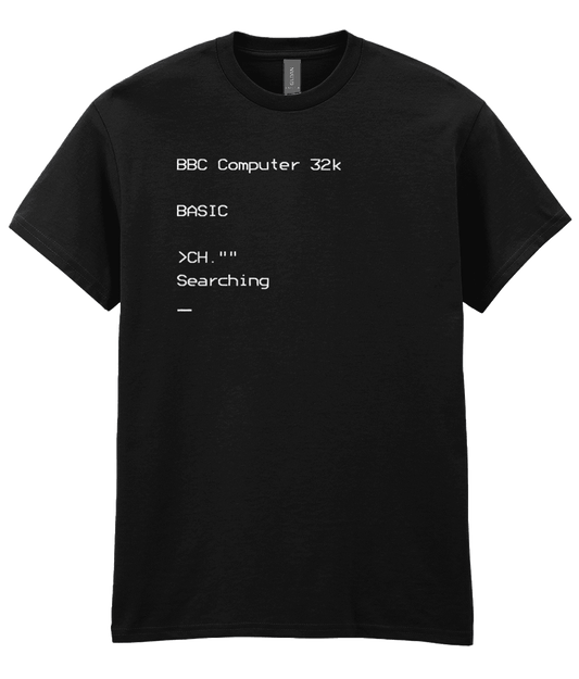 Black T-shirt featuring white BBC Micro boot-up screen text with the BASIC prompt,the CHAIN  command shortened to CH.””, and blinking cursor; nostalgic design for vintage computing fans.
