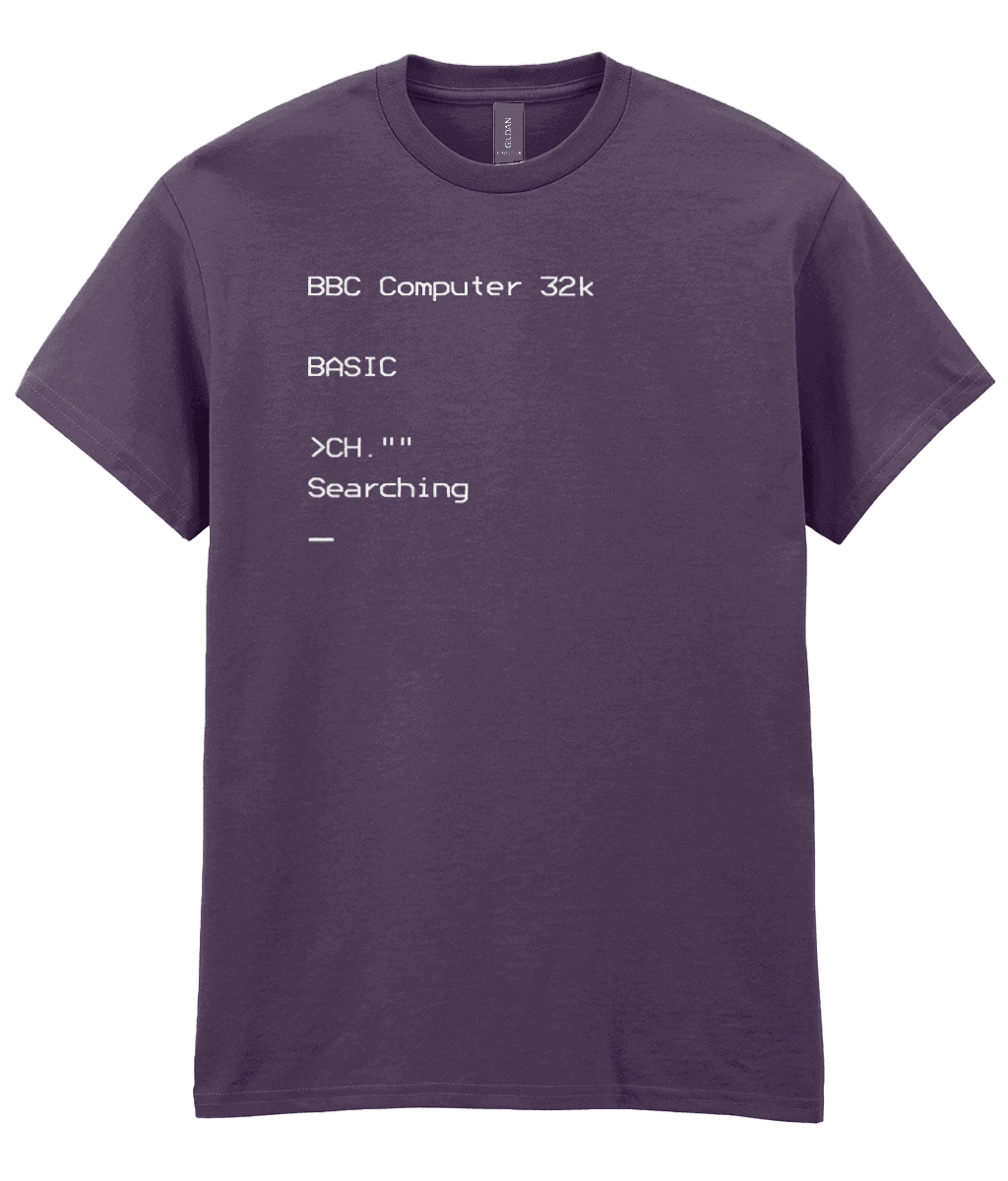 
Blackberry T-shirt featuring white BBC Micro boot-up screen text with the BASIC prompt,the CHAIN  command shortened to CH.””, and blinking cursor; nostalgic design for vintage computing fans.
