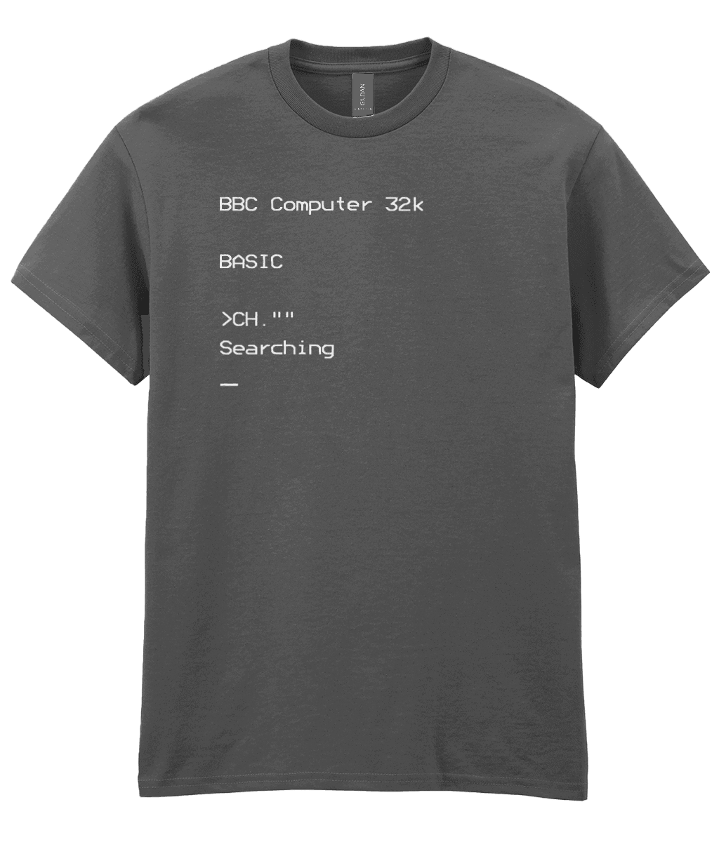 Graphite Heather (grey) T-shirt featuring white BBC Micro boot-up screen text with the BASIC prompt,the CHAIN  command shortened to CH.””, and blinking cursor; nostalgic design for vintage computing fans.
