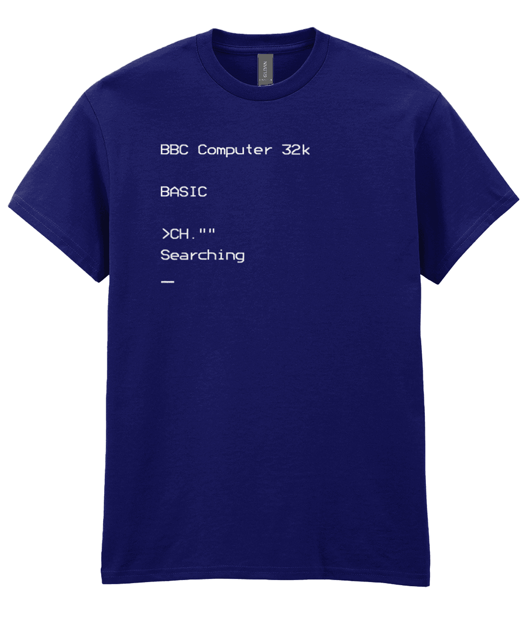 Navy T-shirt featuring white BBC Micro boot-up screen text with the BASIC prompt,the CHAIN  command shortened to CH.””, and blinking cursor; nostalgic design for vintage computing fans.